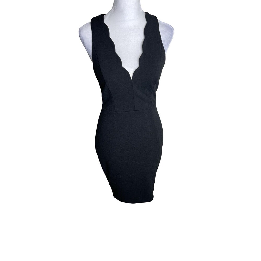 Lulus Women's Small Feeling Coy Scalloped Neck Mini Dress Black High Slit Party